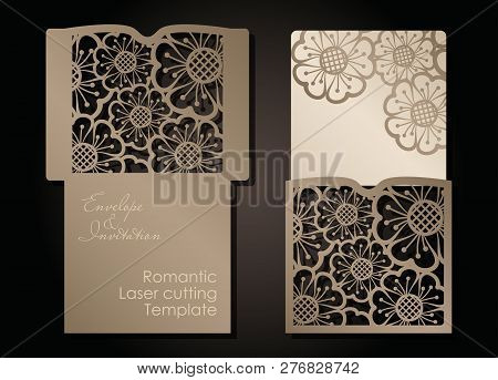 Intage Envelope And Invitation For Laser Cutting. Openwork Cover And Card Design For Wedding, Valent