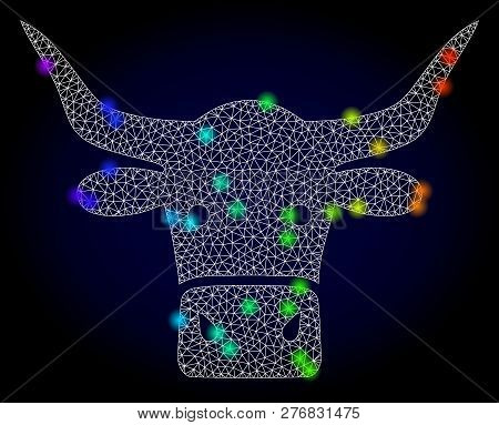 Glossy Polygonal Mesh Beef Head Icon With Glare Effect On A Dark Background. Carcass Beef Head Iconi
