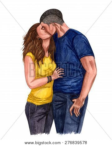 Watercolor Illustration Of A Young Couple In Love, Boy And Girl Kissing  Couple In Love. Romantic An