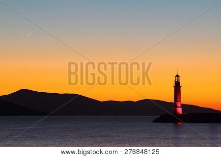 Seaside Town Of Turgutreis And Spectacular Sunsets. With New Moon.