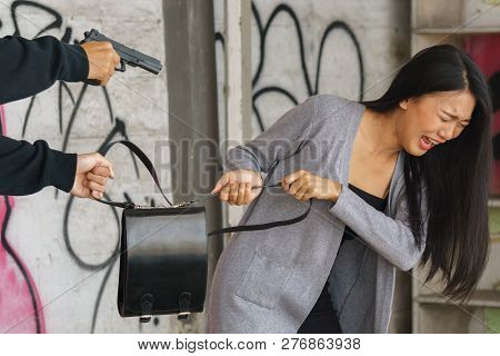 Man Theif Threatening With Gun And Stealing Young Woman Bag