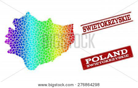 Spectrum Dotted Map Of Swietokrzyskie Province And Red Grunge Stamps. Vector Geographic Map In Brigh