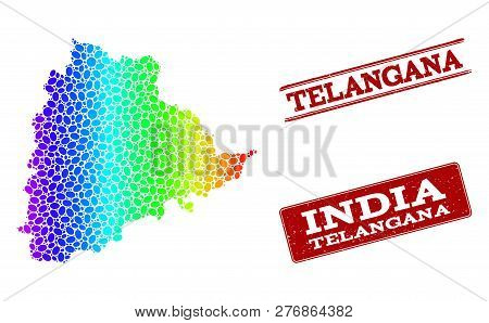 Spectrum Dotted Map Of Telangana State And Red Grunge Stamps. Vector Geographic Map In Bright Spectr