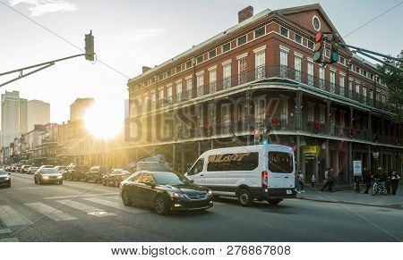 New Orleans - Dec 4, 2017: Afternoon View Of Brick Building With Traditional Architectural Elements 