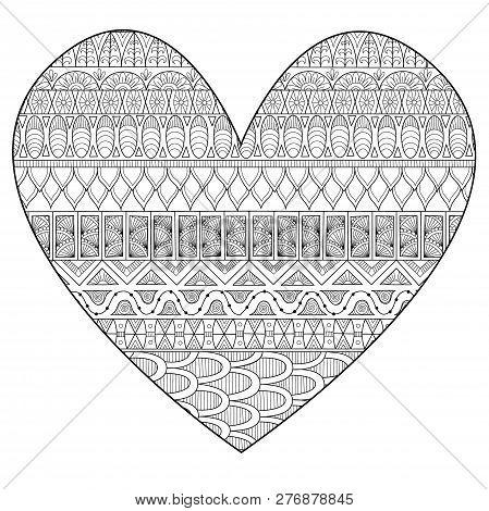 Line Art Drawing In Hearted Shape For Print And Adult Coloring Page. Vector Illustration