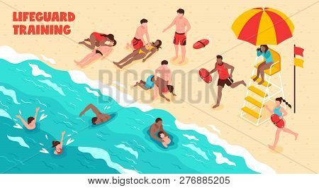 Lifeguard Training Horizontal Vector Illustration Showing Watching People Who Swim And Saving Drowni