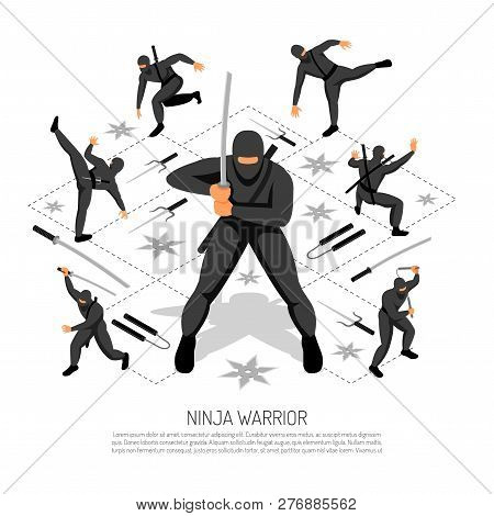 Ninja Warrior Unbeatable Stickman Character In Various Action Poses Isometric Interactive Video Game