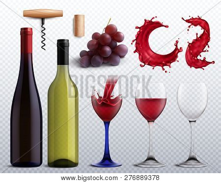 Wine Realistic Transparent Set With Grapes And Glass Isolated Vector Illustration