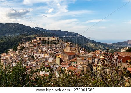 View Of San Piero Patti, A Beautiful Village In The Nebrodi Mountains Park In Sicily, Italy