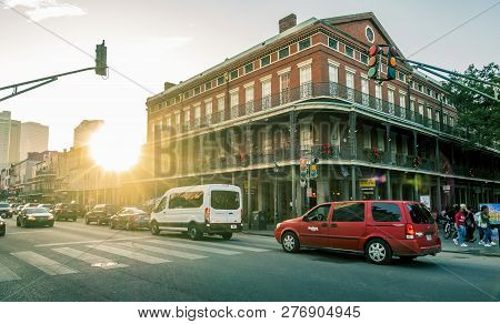 New Orleans - Dec 4, 2017: Afternoon View Of Brick Building With Traditional Architectural Elements 