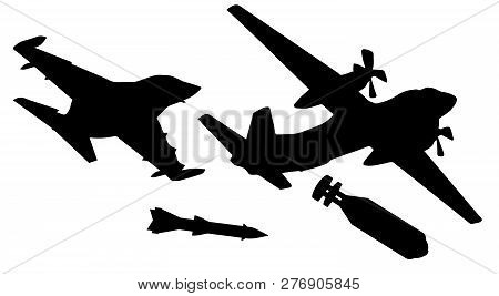 Plane Drops A Nuclear Bomb. Fighter Launches A Rocket. Silhouette Military Aircraft Vector Illustrat