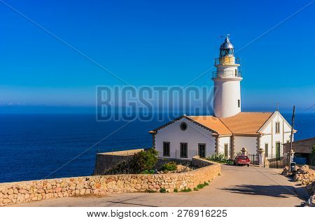Lighthouse At Cape Of Cala Ratjada On Majorca, Spain Mediterranean Sea