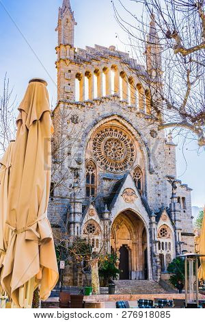 Beautiful View Of Sant Bartomeu Church In Soller On Majorca Island, Spain