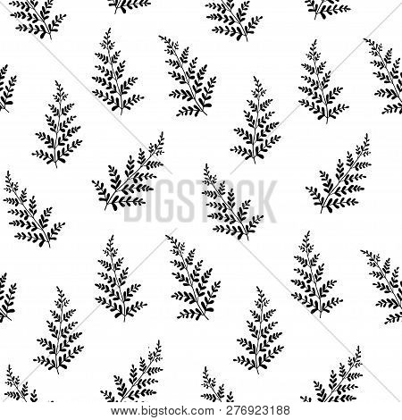 Hand Drawn Fern Leaves. Vector Seamless Minimalistic Pattern. Botany Texture For Wallpaper, Pattern 