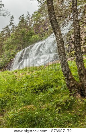Svandalsfossen In Norway, Waterfall In Norwegian Mountains. National Tourist Ryfylke Route.