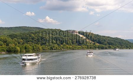 Donaustauf, Bavaria, Germany - July 27, 2018 : Ships With Tourists Sails On Danube River, Walhalla M