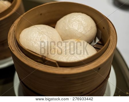 Dimsum Hagao In Chinese Bamboo Basket Traditional Food In A Restaurant.