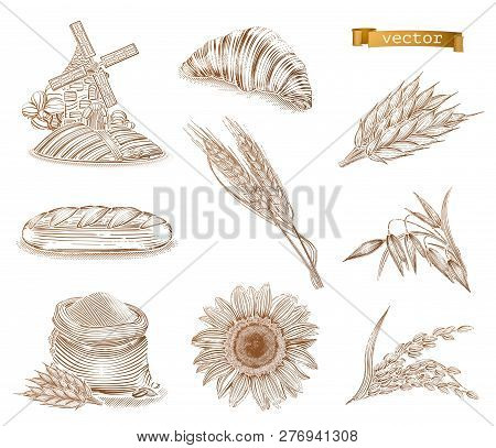 Mill, Bread And Wheat. Old Style. Engraving Vector Icon Set