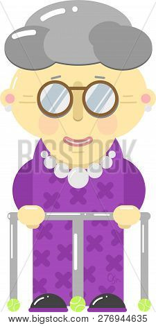 Purple Grandma With Walking Frame Flat Design Vector