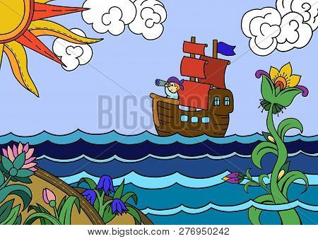 Sailor With A Telescope On A Ship Illustration 

In The Style Of The Lubok