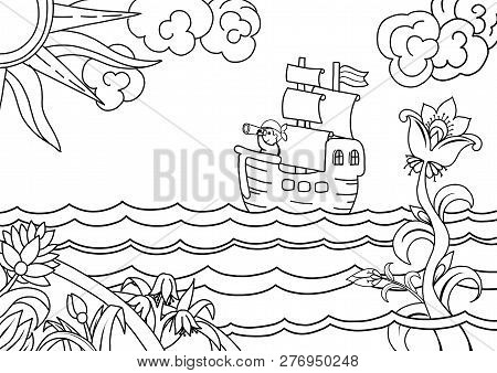 Sailor With A Telescope On A Ship 

Illustration In The Style Of The Lubok Coloring