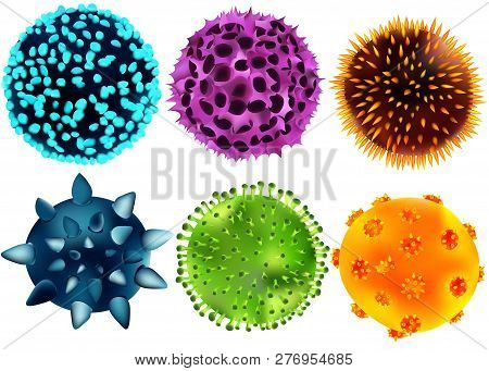 Isolated Realistic Vector Set Of Viruses And Bacteria. Viruses And Bacteria Under The Microscope. A 
