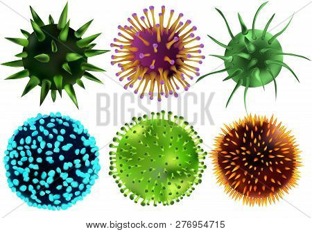 Set Of Viruses And Bacteria. Viruses And Bacteria Under The Microscope. Non-cellular Life Form.the C