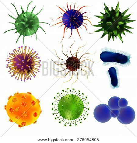 Set Of Viruses And Bacteria Isolated Against A Blom Background. Viruses And Bacteria Under A Microsc