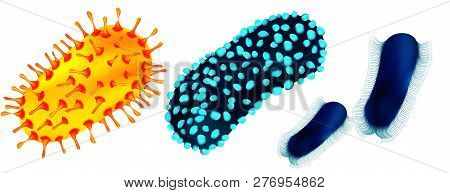 Set Of Viruses And Bacteria Isolated Against A Blom Background. Viruses And Bacteria Under The Micro