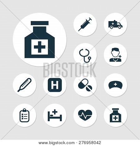 Drug Icons Set With Stings, Infirmary, Brougham And Other Beating Elements. Isolated Vector Illustra