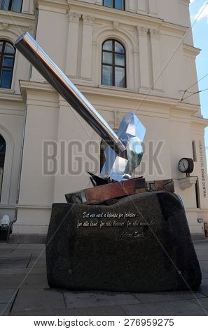 Monument to the heroes of the Norwegian Resistance on the railway in 1940. Oslo Central Station (Sentralstasjon) is main railway station in Oslo. June 26. 2018. Oslo,Norway
