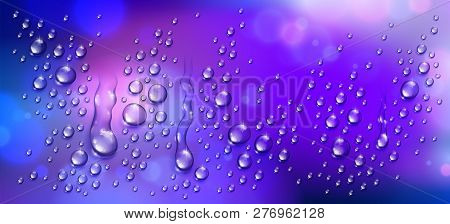 Water Rain Drops Or Condensation Over Blurred Night City Background Beyond The Window, Realistic Tra