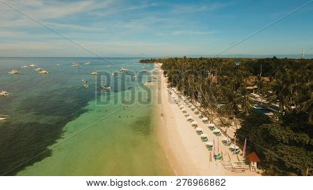 Aerial View Of Tropica Alona Beach On The Island Bohol, Resort, Hotels, Philippines. Beautiful Tropi