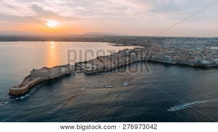 Aerial Panoramic View Of Ortigia Island,old Town Of Syracuse.small Island On Sicily,italy.sicilian V