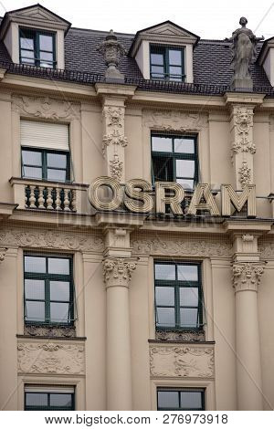 Munich, Germany - June 29: The Logo Of The Company Osram A Producer Of Bulbs At A Historic Building 