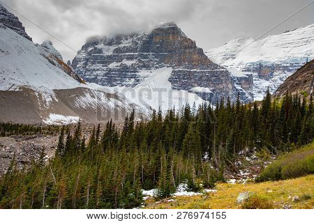 Scenic Autumn Views Of The Lake Louise Area And Hiking Plain Of The 6 Glaciers In Banf National Park
