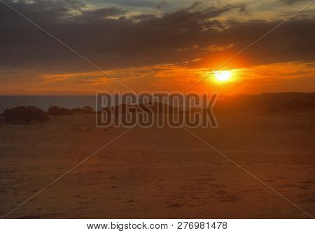 Sunset Over Albemarle Sound As Viewed From Jockeys Ridge State Park In The Town Of Nags Head On The 