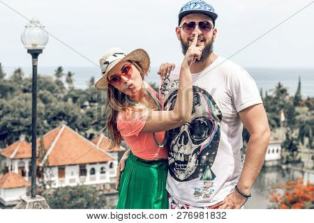 Bali, Indonesia - December 29, 2018: Young Couple At Taman Ujung Water Palace.
