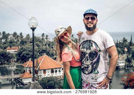 Bali, Indonesia - December 29, 2018: Young Couple At Taman Ujung Water Palace.