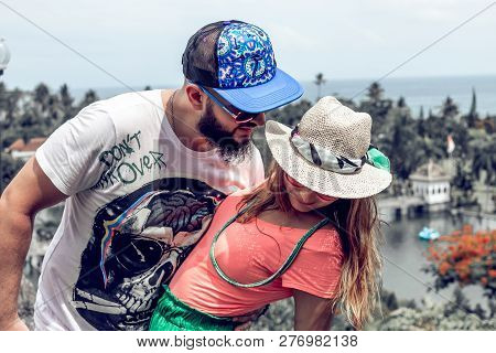 Bali, Indonesia - December 29, 2018: Young Couple At Taman Ujung Water Palace.