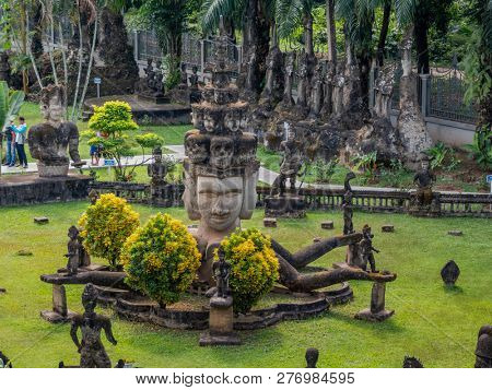 vientiane, laos - november 22, 2018: xieng khuan - buddha park. collection of statues of buddhist and hindu gods.