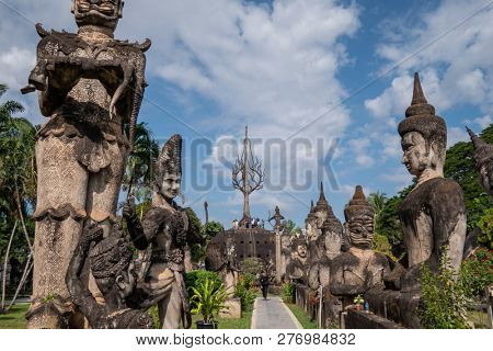 vientiane, laos - november 22, 2018: xieng khuan - buddha park. collection of statues of buddhist and hindu gods.