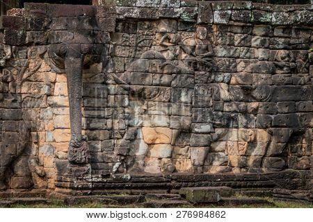 angkor thom, cambodia - november 28, 2018: bayon temple with 54 towers, each displaying 4 smiling faces of the bodhisattva avalokiteshvara.