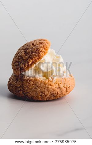 Close Up Of Sweet Oatcake With Whipped Cream