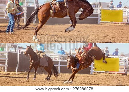 Collage Of Cowboy And Horse Competing In Bucking Saddle Bronc Event At Country Rodeo