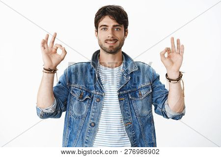 Count On Me Everything Okay. Portrait Of Supportive Nice And Handsome Young Boyfriend With Blue Eyes