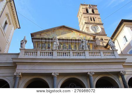 Basilica Di Santa Maria In Trastevere Ain Trastevere At Sunset, Rome, Italy. Trastevere Is Rione Of 