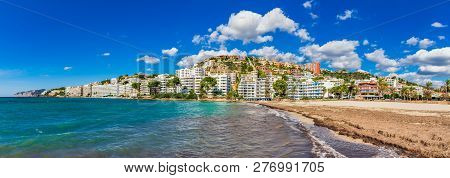 Spain Mediterranean Sea Beach Panorama, Beautiful Seaside Of Santa Ponsa On Majorca, Balearic Island