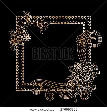 Golden Floral Frame Template. Flowers And Plants Squarer Frame. Design Element With Space For Your T