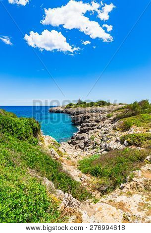 Idyllic Coastline With Lighthouse On Majorca Island, Beautiful Seaside Of Porto Cristo